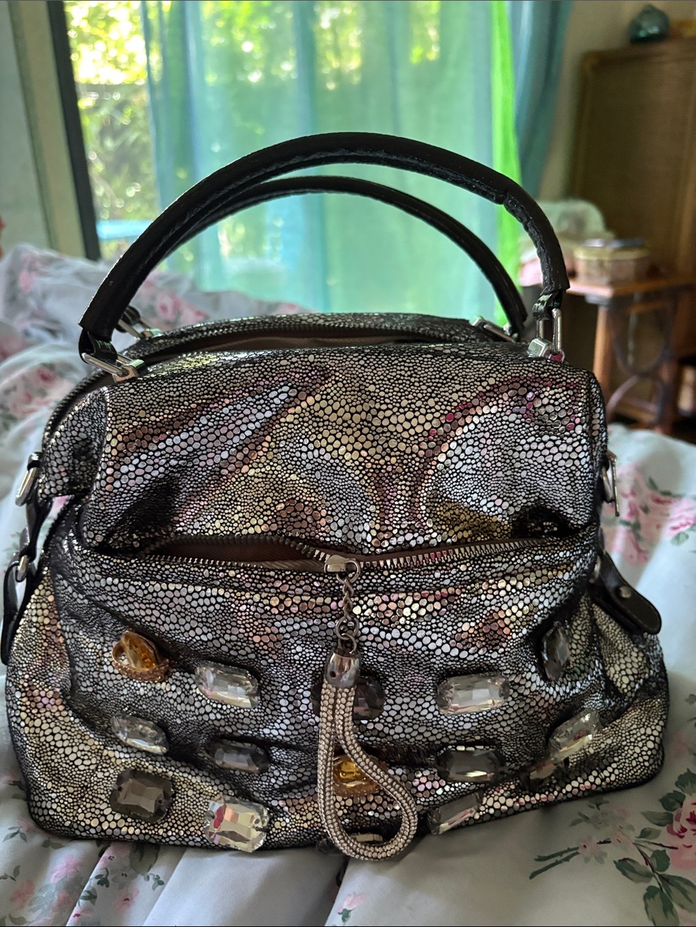 Women's Jeweled Metallic Satchel Handbag - Silver